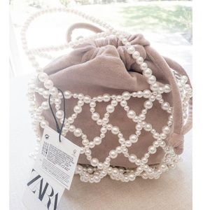 Zara Velvet Pearl Mesh velvet Bucket Bag.